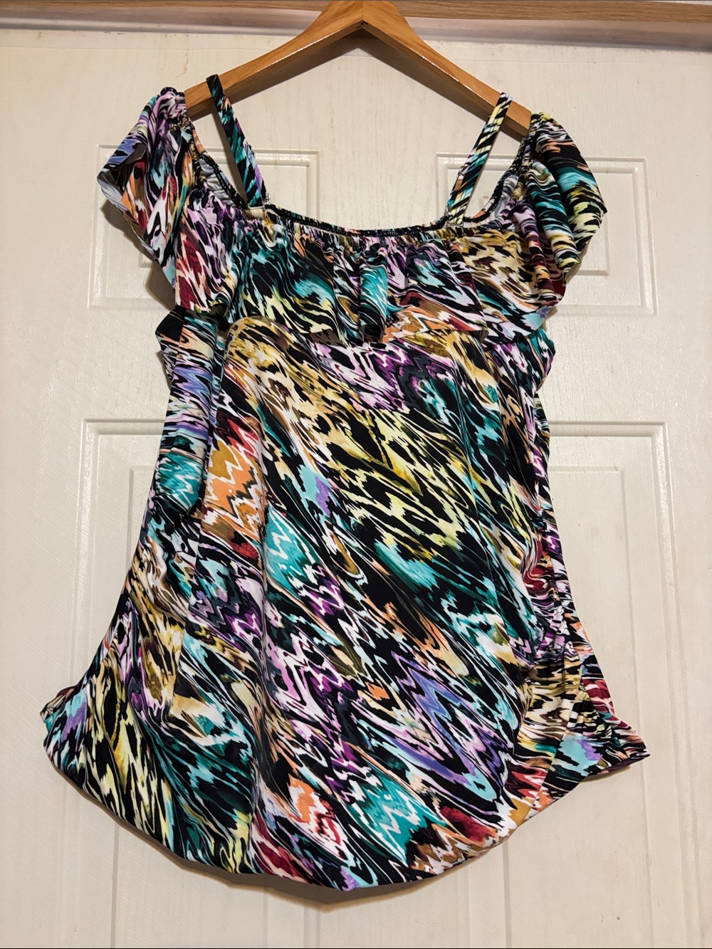 Women’s Multicolor Printed Swim Top - Off-Shoulder & Strappy